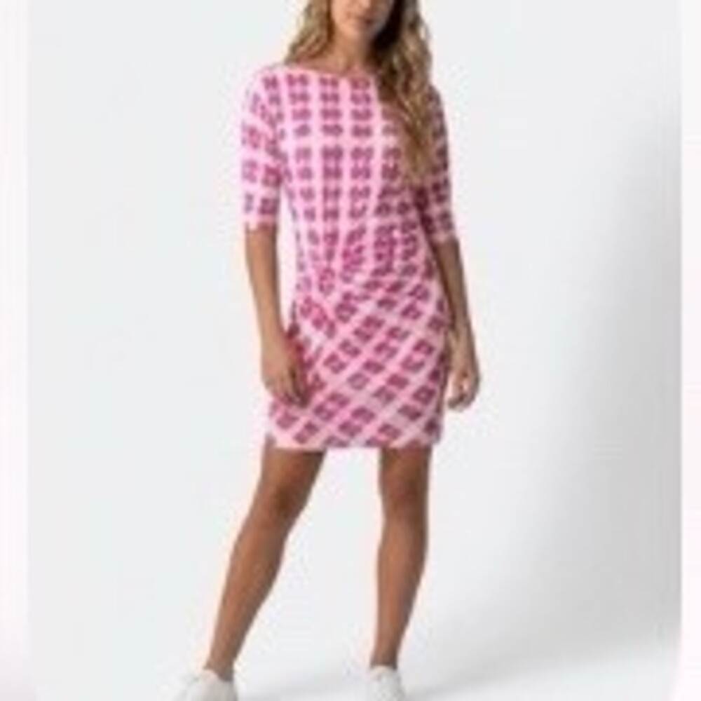 BCBGMAXAZRIA Dress Womens Size M Pink White Abstract Knot Front Shift